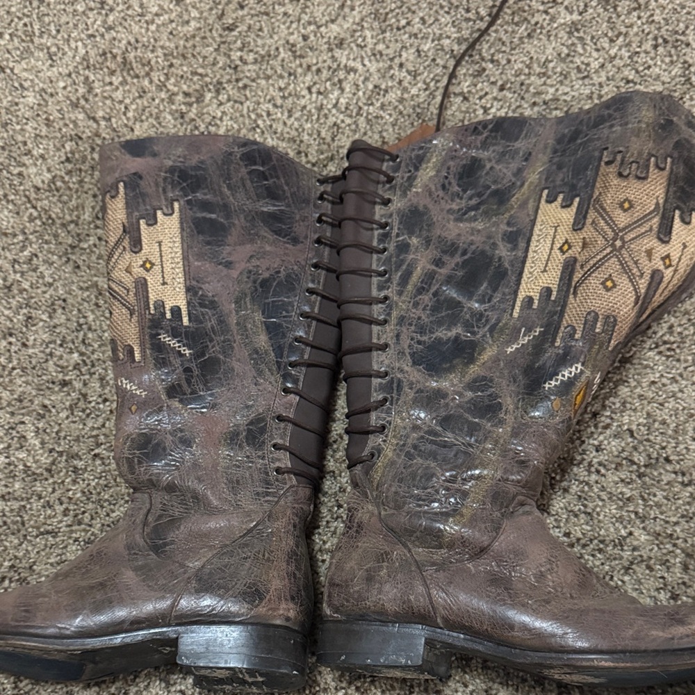 Brown Lace Up Boots with Patterned Design